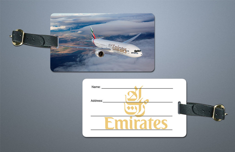 Luggage Tags. In response to a request from the agency for Emirates, Atmosphere/Proximity (a division of BBDO), for a luggage tag premium to celebrate the introduction of a new route between Abu Dhabi and Orlando, Florida, Benchmark Graphics developed overnight the following branded premiums.