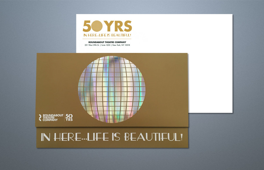 Roundabout Theatre 50th Anniversary Promotion

27,000 Brochures measuring 16.25 x 9.125 open size.   Metallic Gold 872 + spot gloss varnish/4 color process. Front cover with holographic flat foil stamp, Infinity  41-10.  No varnish on metallic gold or holographic area.  Printing on 130# silk cover.  Vertical tab scores, folds and glues.