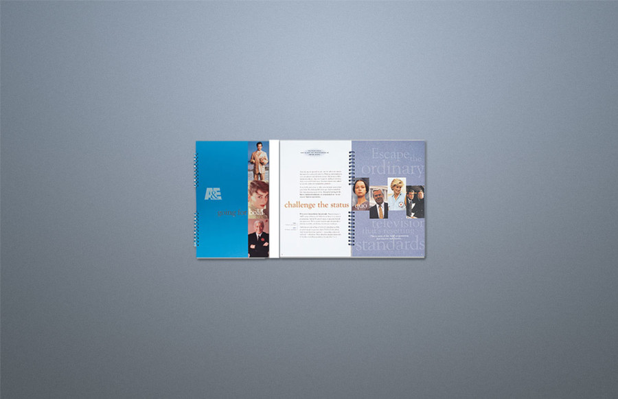 Promotional Brochure: The cover is foil stamped in two colors with a spot gloss varnish printed on the process. Cover mounted to 100 point board. Unusual two piece colored wire-o binding.