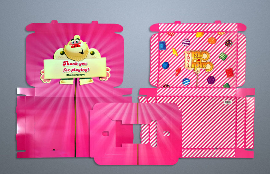 Brand Access SAGA/Candy Crush: Box: C2S 26.882 x 31.929 flat. 
Insert: C1S 23.267 x 16.299 flat. In addition to manufacturing the box and the accompanying insert, we created an instructional video that we supplied to our client to show the proper way to assemble both parts of the box. Click here to view the video.